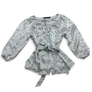 The Limited silver silky button polka dots blouse with tie waist 3/4 sleeves
